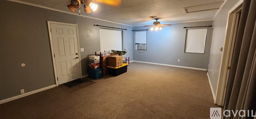 A room with a carpet floor, a ceiling fan, and a door leading to another room.