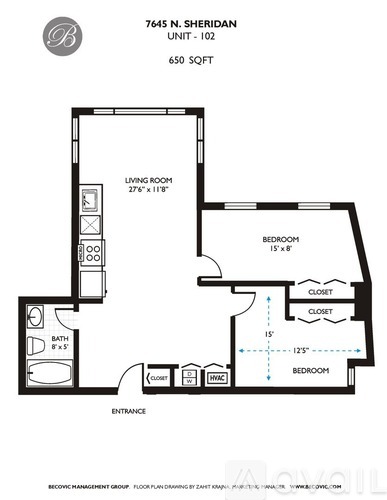 A floor plan for a unit at 7645 N. Sheridan shows a living room, two bedrooms, a bathroom, and a closet.