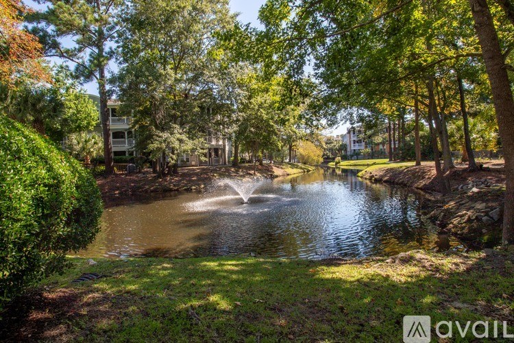 A fountain in the middle of a pond surrounded by trees.