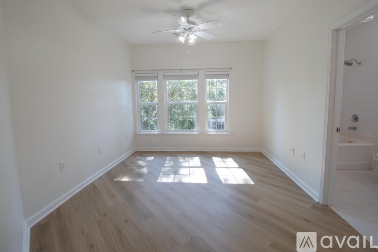 A room with a ceiling fan and a window with sunlight coming through.