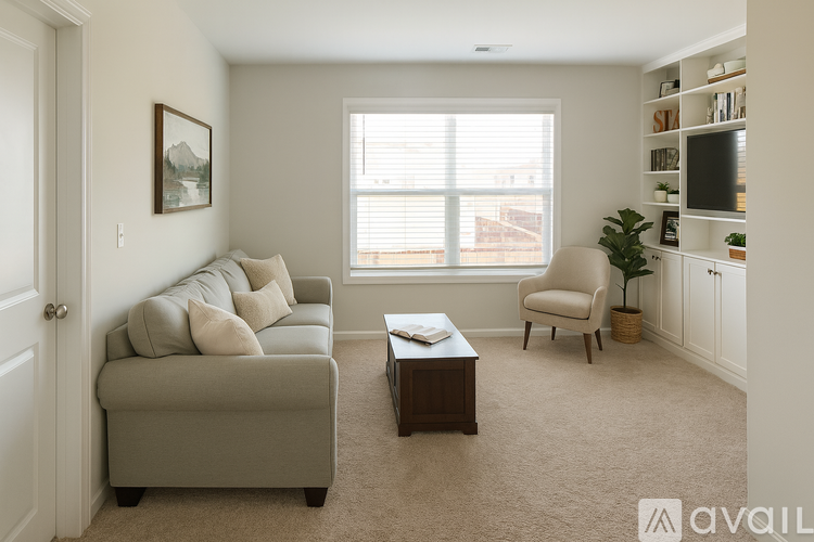 A living room with a grey couch, a chair, a coffee table, and a painting on the wall.