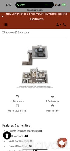 A mobile screen displaying an advertisement for townhome-inspired apartments with features such as private entrances and floor patios.