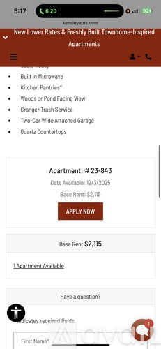 A mobile screen displaying an apartment rental listing with a base rent of $2,115.