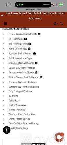 A screenshot of a mobile phone displaying a list of features and amenities for a property.