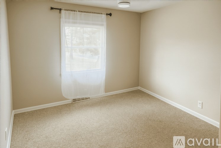 A room with a carpeted floor and a window with a white curtain.