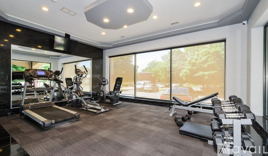 A spacious home gym with treadmills, elliptical machines, and a television.