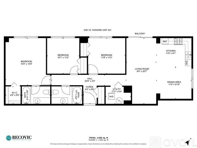 A floor plan of a 2451 square foot Howard Unit 401 shows the layout of the bedrooms, living room, kitchen, dining area, and hall.
