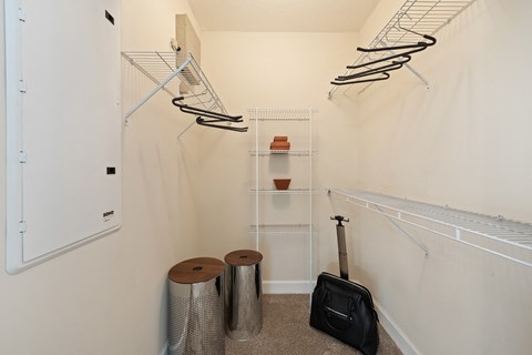 a spacious closet with shelves and a suitcase and a guitar
