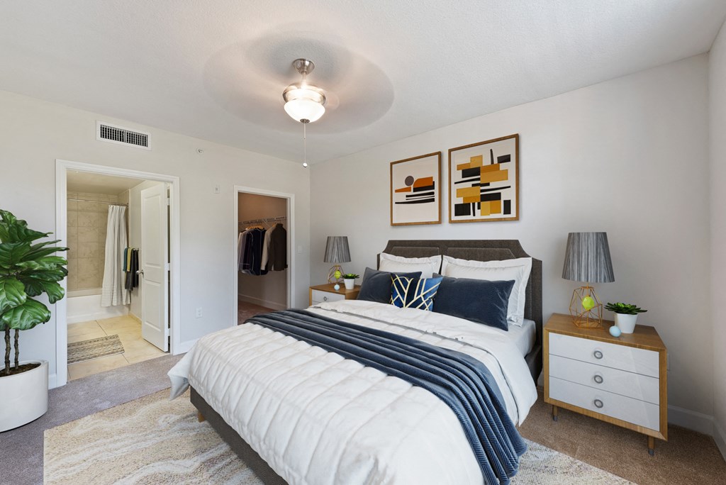 a bedroom with a bed and a closet