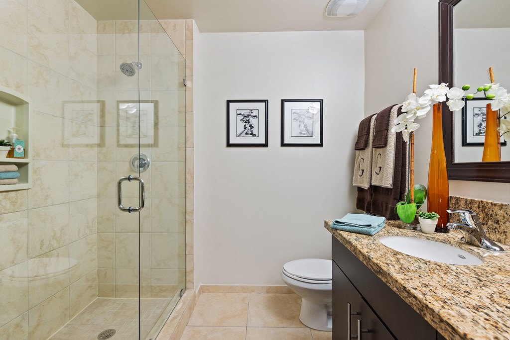 a bathroom with a shower and a sink and a toilet