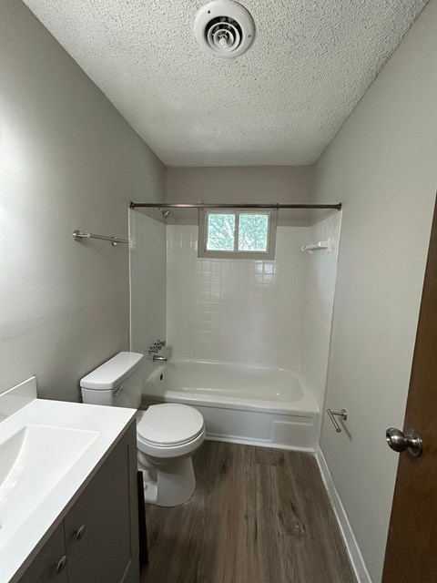 A white toilet sits in a small bathroom with a walk-in shower.