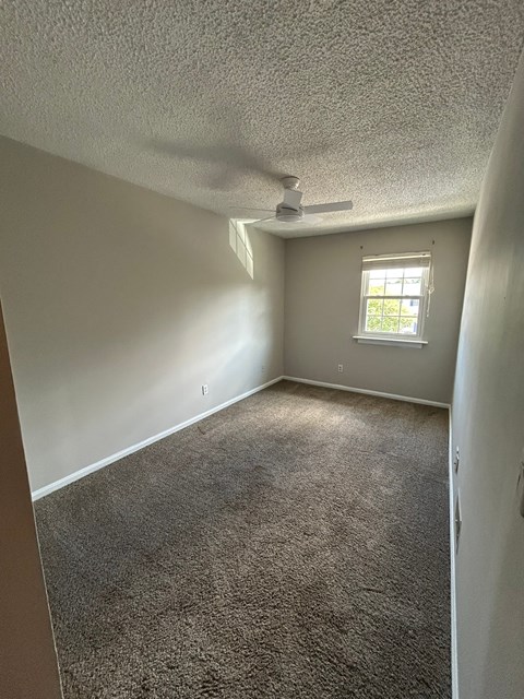A room with a carpeted floor and a window.