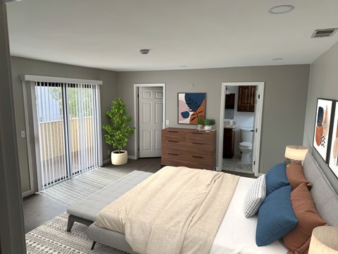 A bedroom with a bed, dresser, and sliding glass doors.