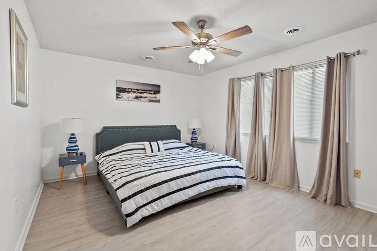 A bedroom with a bed, a ceiling fan, and a picture on the wall.