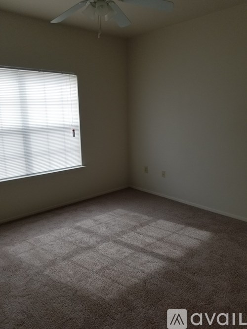 A room with a carpeted floor and a window with blinds.
