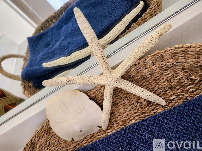 A white starfish lies on a blue towel next to a white seashell on a woven basket.