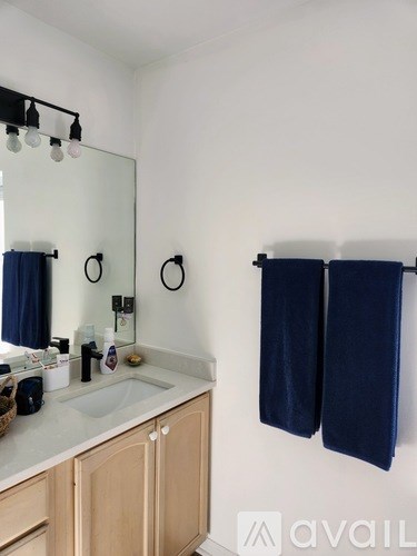 A bathroom with a sink, mirror, and towel rack.