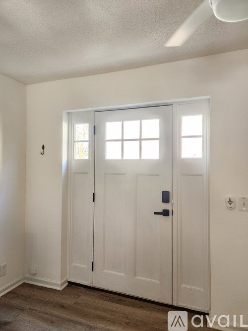 A white door with a black handle and a window above it.