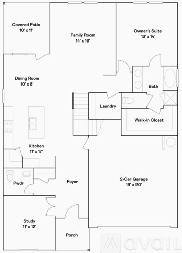 A floor plan of a house with a covered patio, family room, owner's suite, and other rooms.
