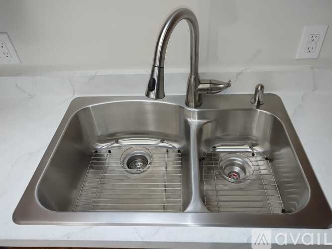 A double stainless steel sink with a faucet.