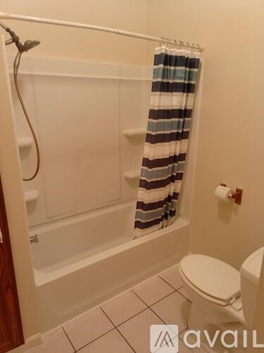 A bathroom with a toilet, a bathtub, and a shower curtain.