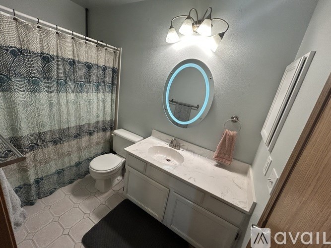 A bathroom with a toilet, sink, and shower curtain.