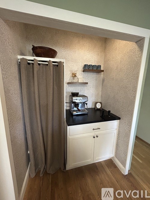 A bathroom with a shower curtain and a cabinet.