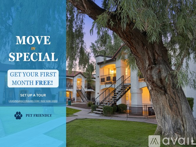A promotional image for a move-in special, offering a first month free and a tour, with a contact number provided.