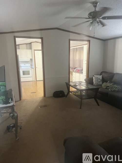 A living room with a couch, chair, and television.