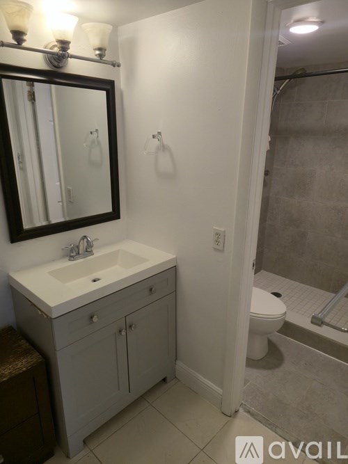 A bathroom with a sink, mirror, and toilet.