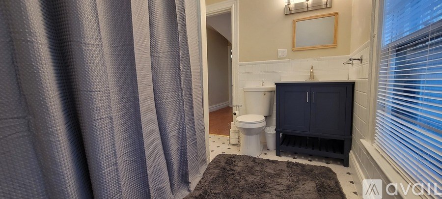A bathroom with a toilet, sink, and shower curtain.