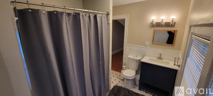 A bathroom with a toilet, sink, and shower curtain.