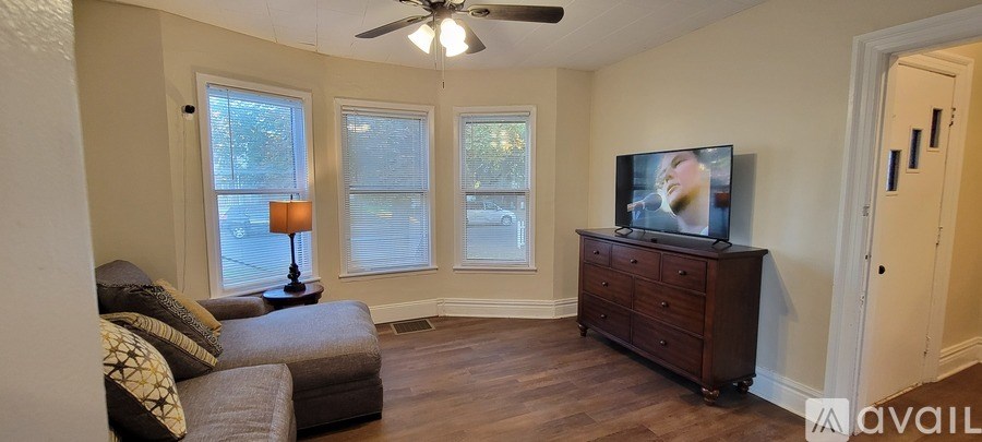 A living room with a couch, a television, and a ceiling fan.
