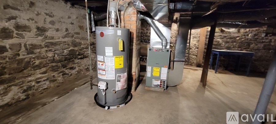 A room with a water heater and a furnace.