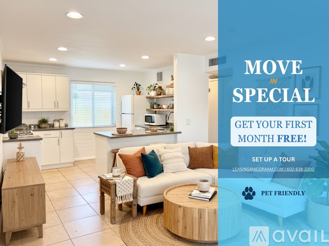 A modern kitchen and living room are on display in a real estate advertisement offering a free first month of lease.