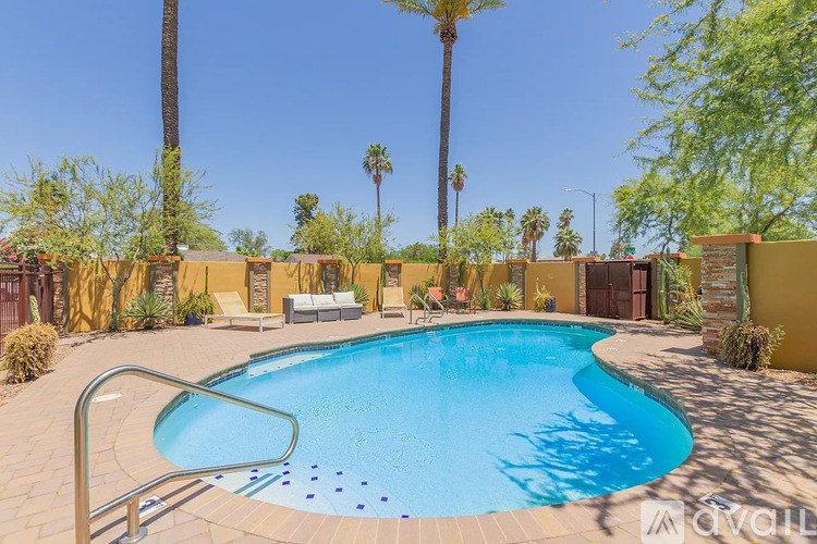 A pool surrounded by palm trees and a sun lounger.