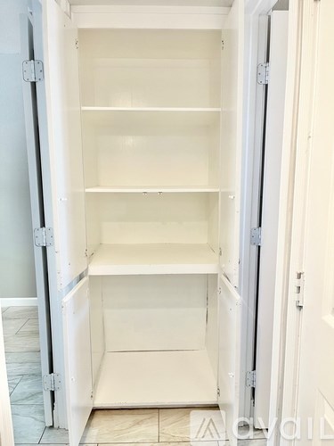 A white pantry with shelves and a door open.