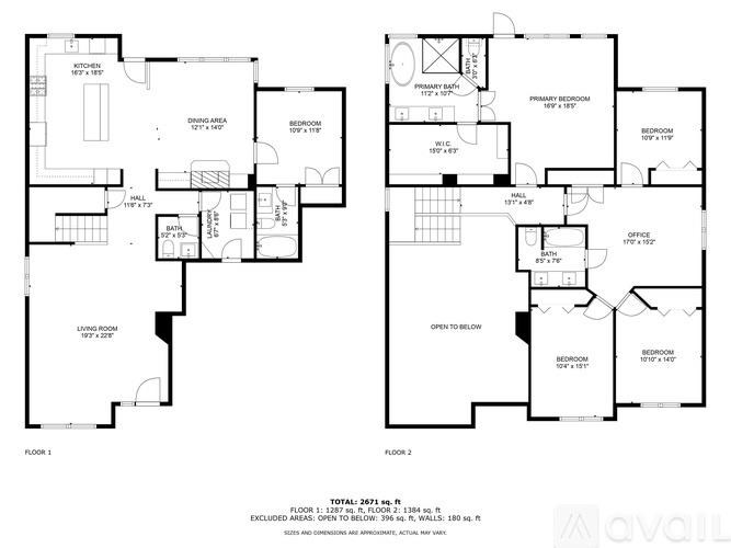 A floor plan of a two-story house with a living room, two bedrooms, and an office.