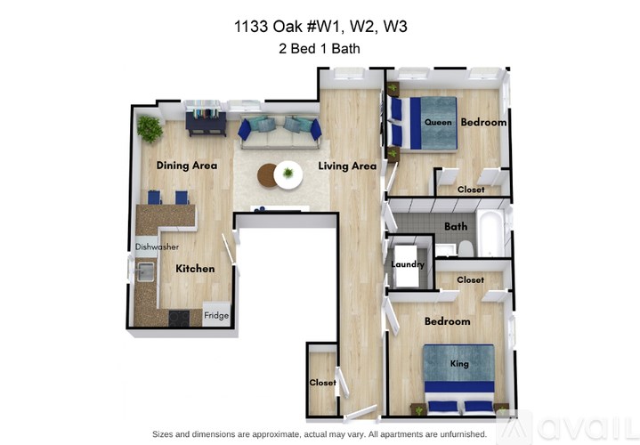 A floor plan of a 2 Bed 1 Bath apartment at 1133 Oak.