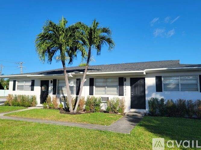 A white building with a palm tree in front.