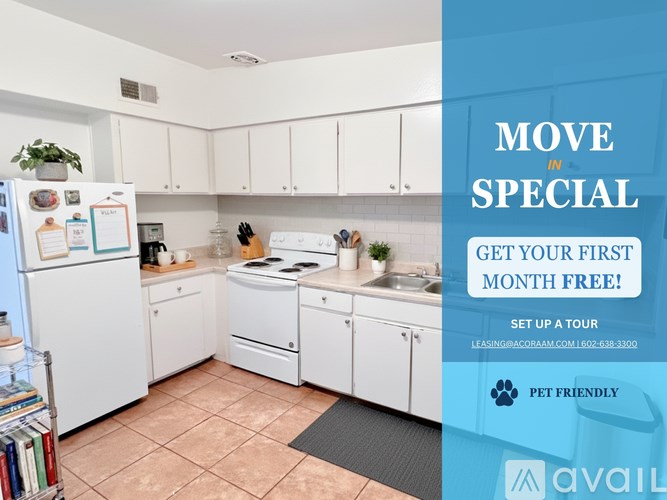 A kitchen with a sign offering a free first month for a move in special.