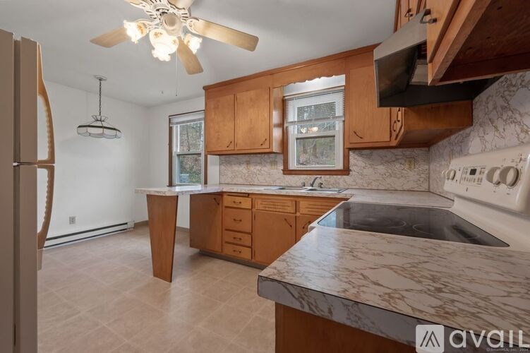 A kitchen with wooden cabinets and a marble countertop.