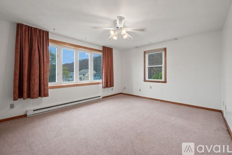 A room with a carpeted floor, a ceiling fan, and a window with curtains.