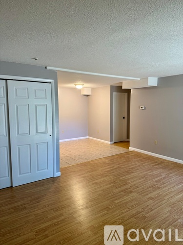A room with wooden flooring and a white door.