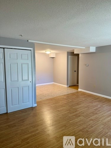 A room with wooden flooring and a white door.