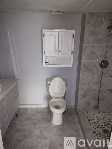 A white toilet in a bathroom with a cabinet above it.
