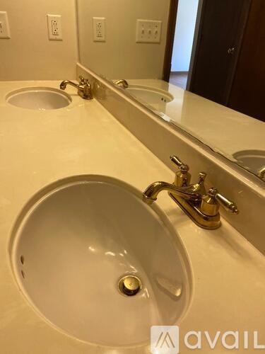 A bathroom sink with a gold faucet and a mirror above it.