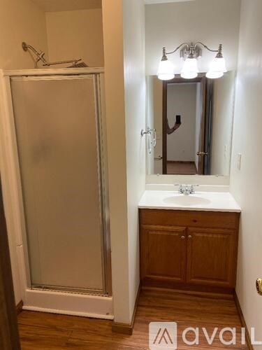 A bathroom with a white sink and wooden cabinets.
