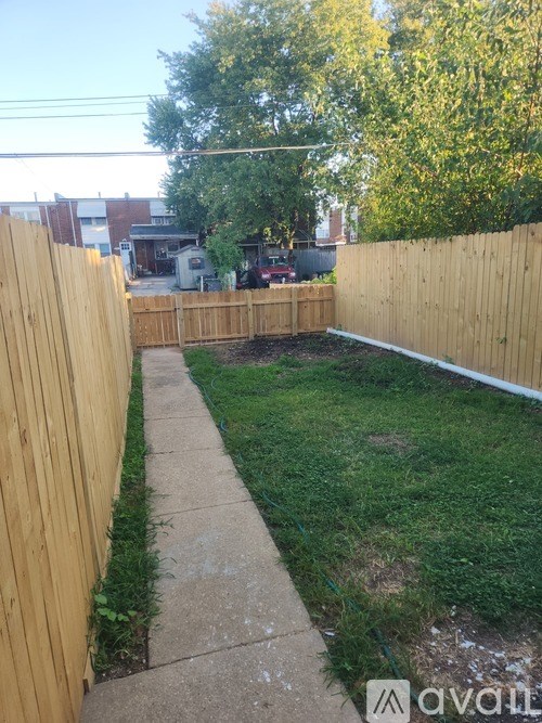 A backyard with a wooden fence and a concrete pathway.