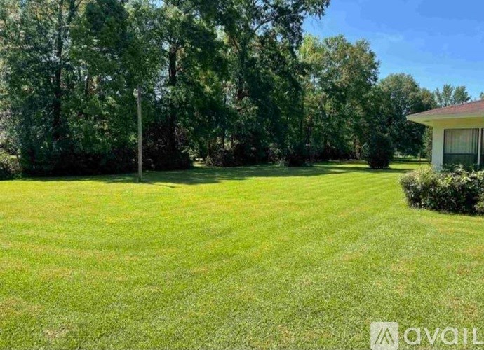 A house is situated in a grassy backyard with trees in the background.